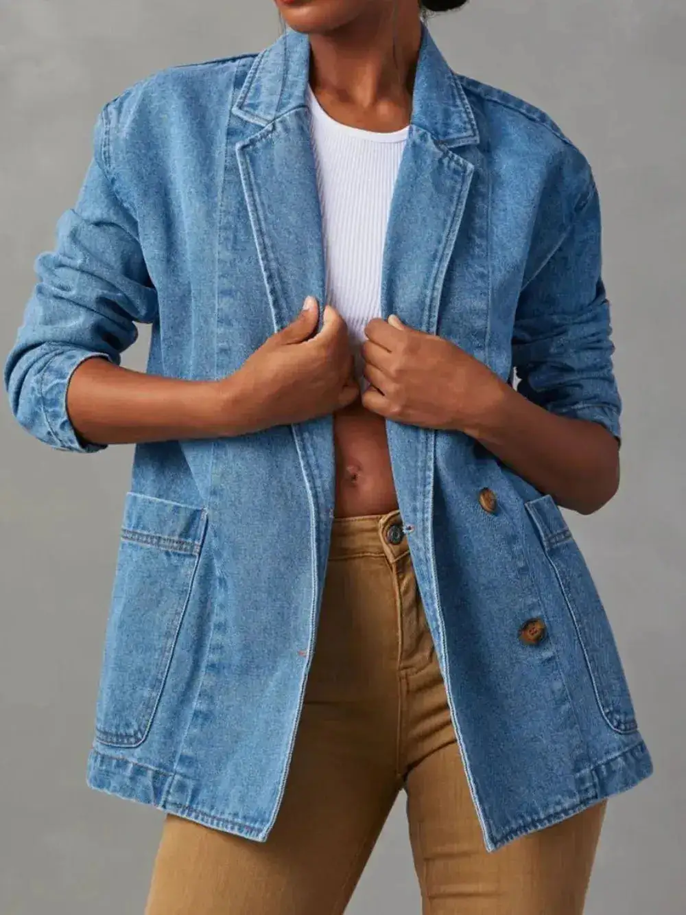 Denim Button Front Lapel Collar Pocketed Casual Jacket
