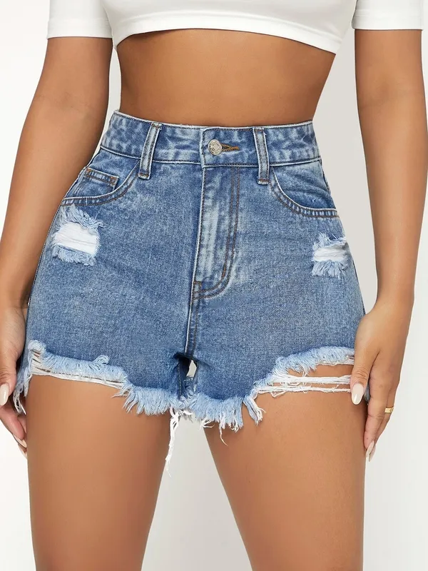 Women's Ripped Raw Hem Button Pocket Zipper Crop Shorts With Clean Drape