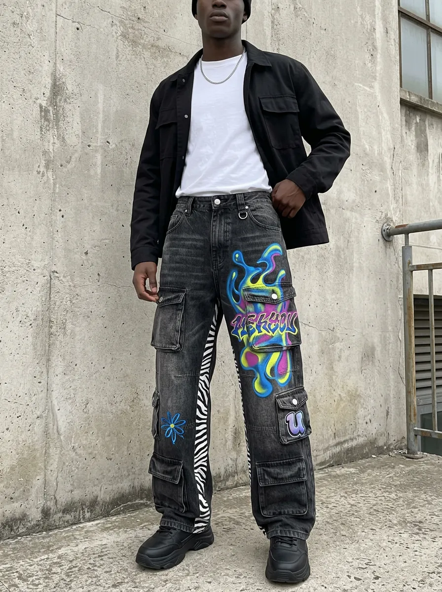 Men's Streetwear Graffiti Zebra Print Graphic Cargo Jeans