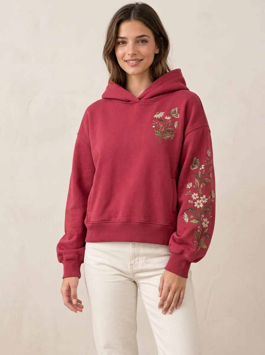 Leisure Ready Women's Floral Butterfly Embroidered Graphic Nature Hoodie