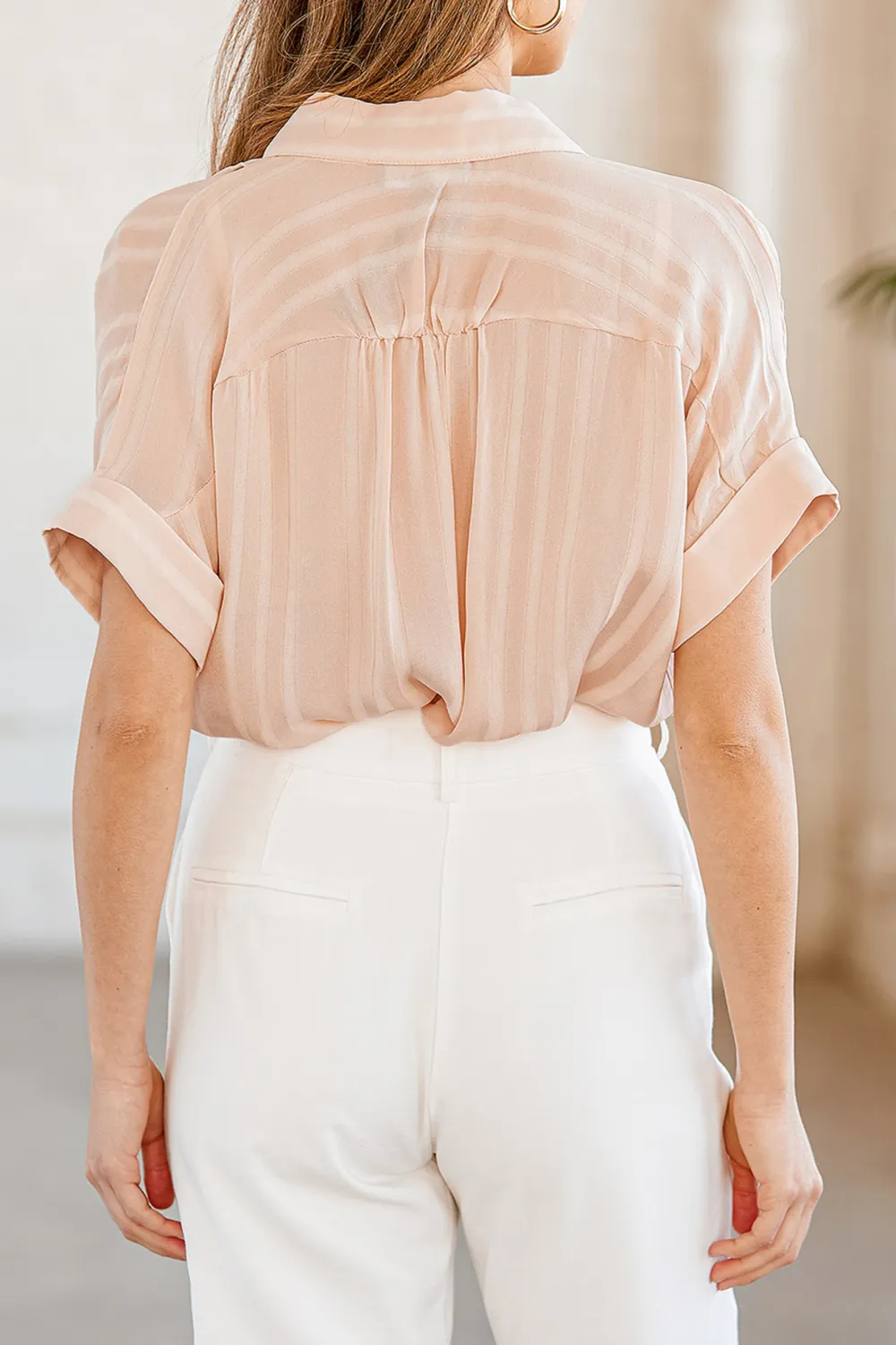 Casual Style Light Pink Striped Button-Up Top