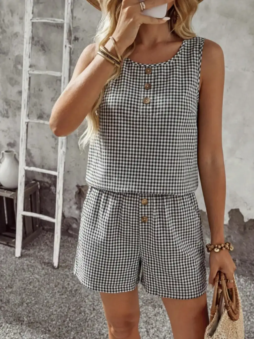 Gingham Sleeveless Top & Shorts Set