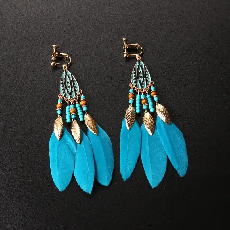 Vintage Feather Beaded Tassel Drop Earrings