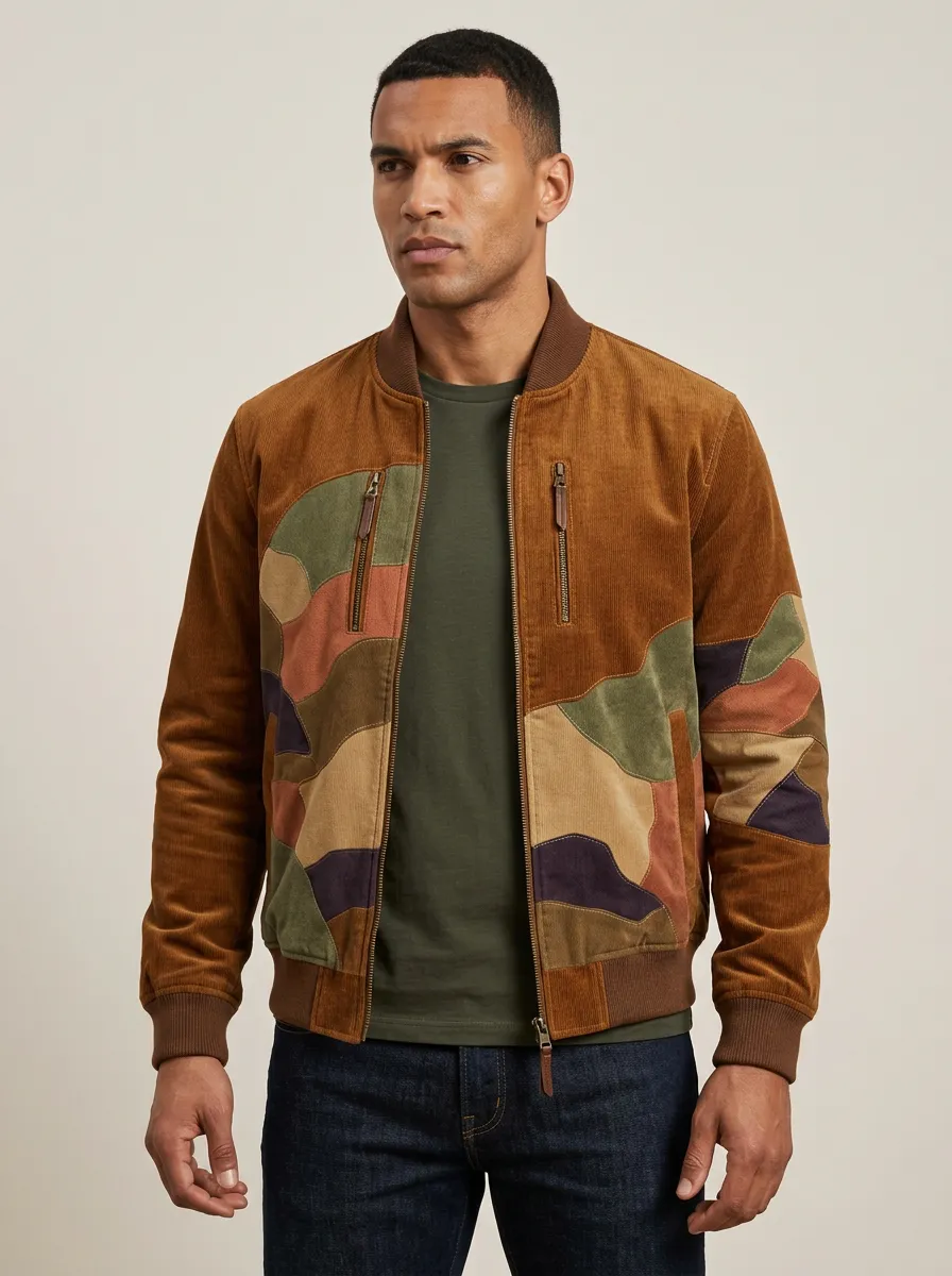 Men's Casual Fashion Colorblock Camo Printed Corduroy Bomber Jacket