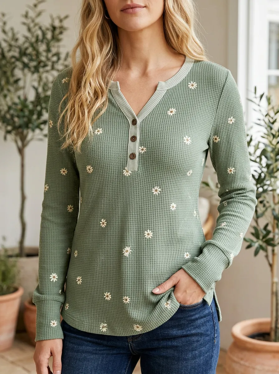 Women's Floral Daisy Waffle Knit Printed Button V-Neck T-Shirt