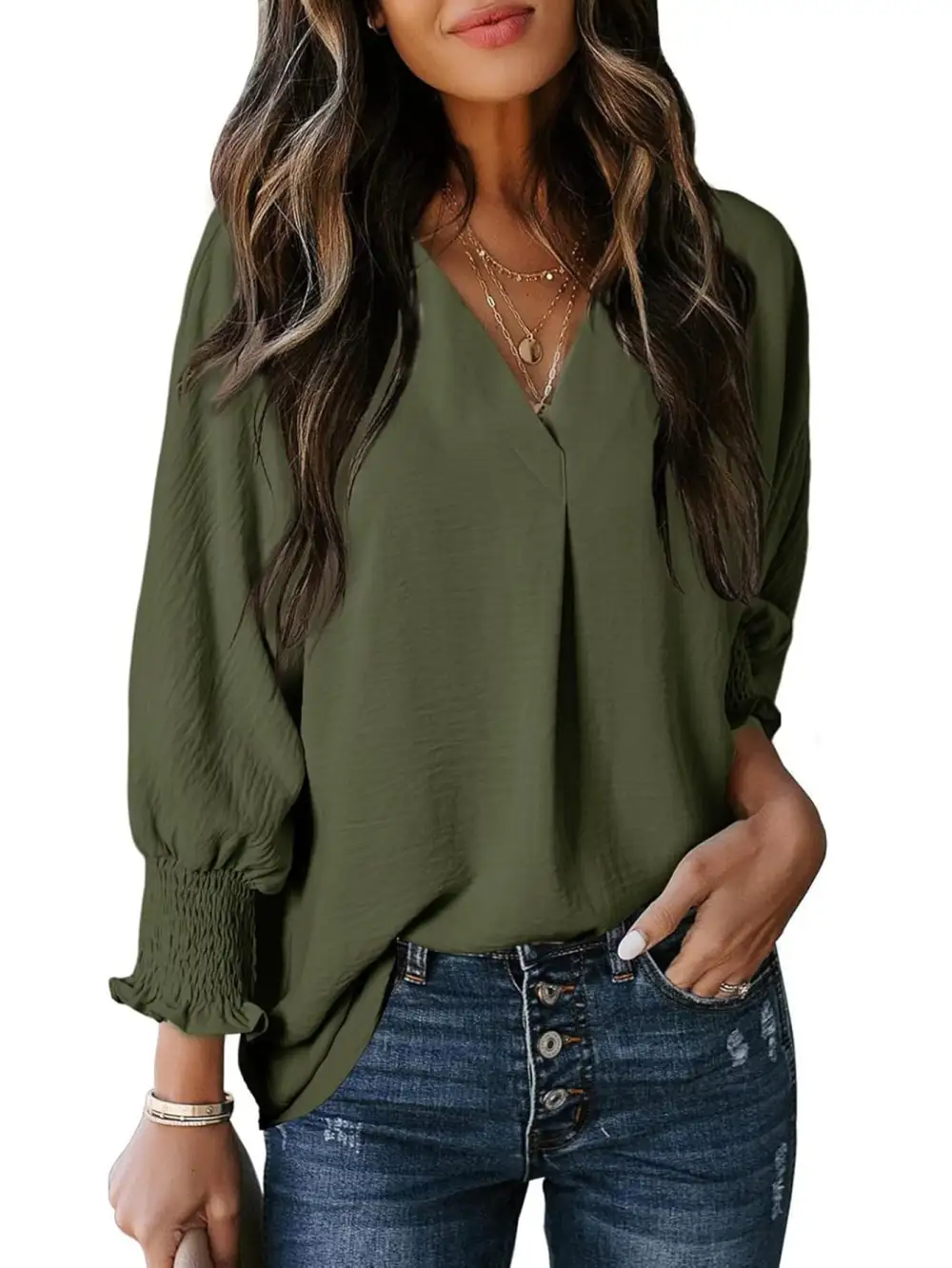 Ruffled Soft Structure V-Neck Blouse