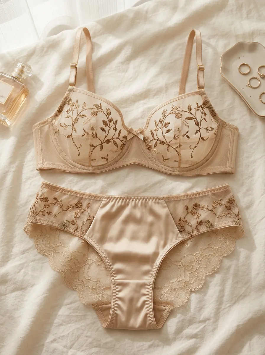 Women's Floral Embroidery Mesh Lace Satin Look Lingerie Set