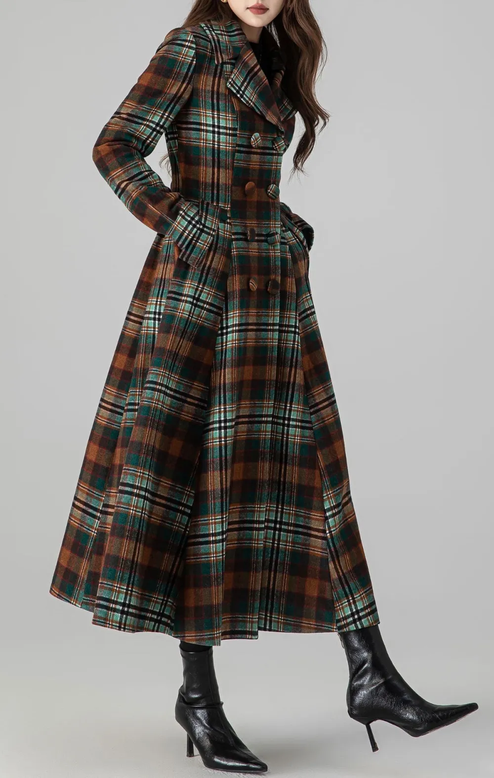 Plaid Wool Blend Fit and Flare Double Breasted Pocketed Long Coat