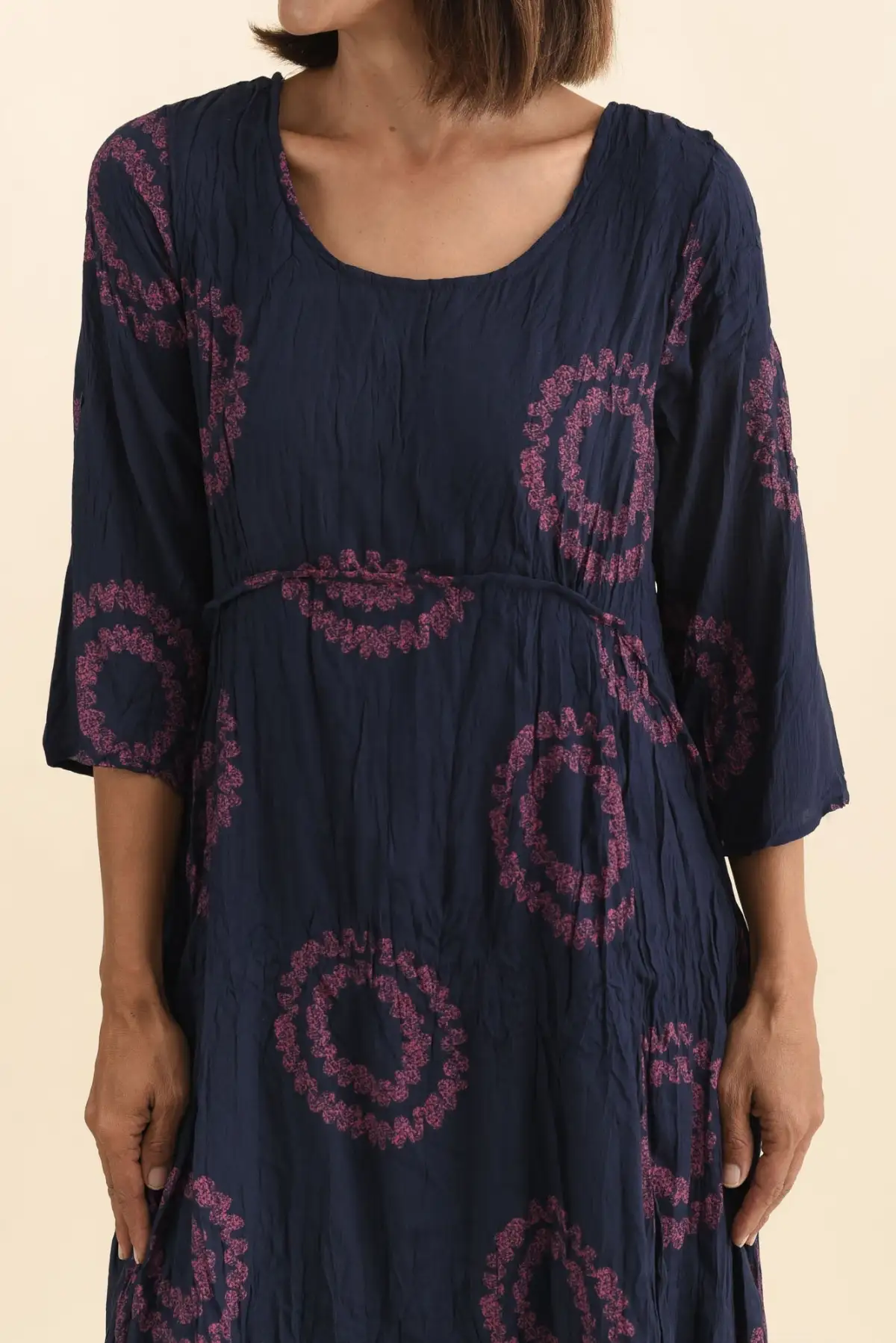 Below-Knee Abstract Cotton Blend Pocket V-Neck Long-Sleeve A-Line Dress