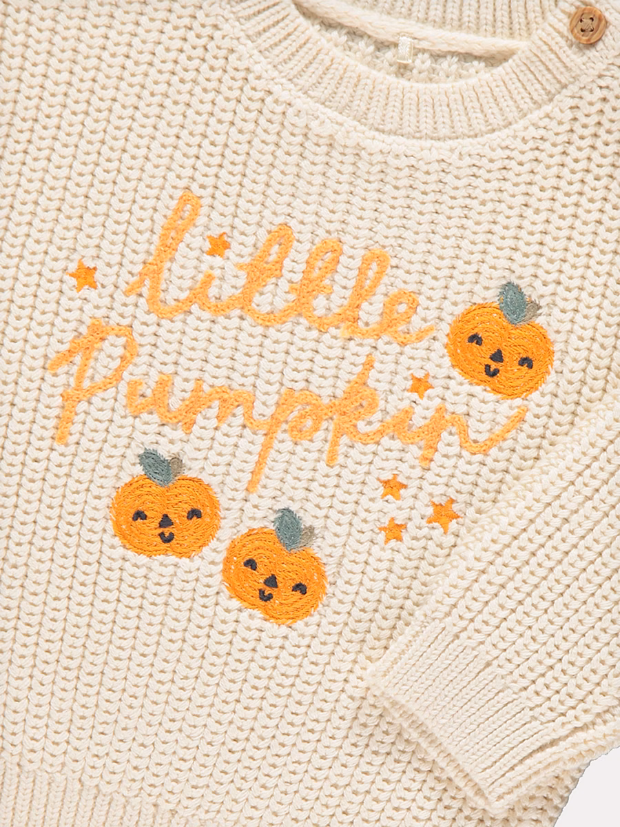 Cream Little Pumpkin Embroidered Knitted Jumper detail 2