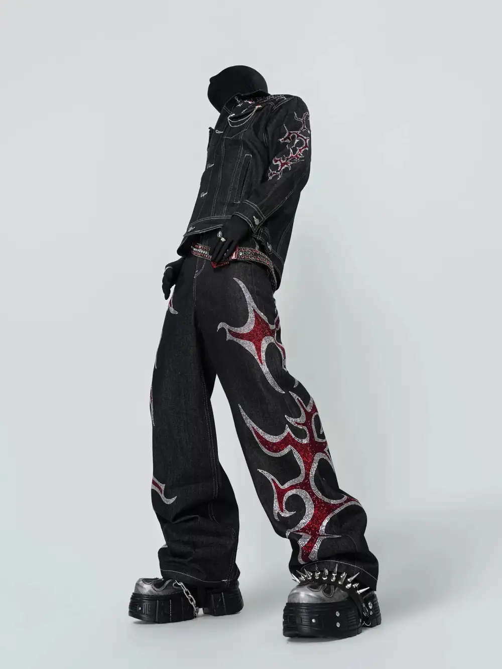 Flame-Embroidered Wide-Leg Jeans