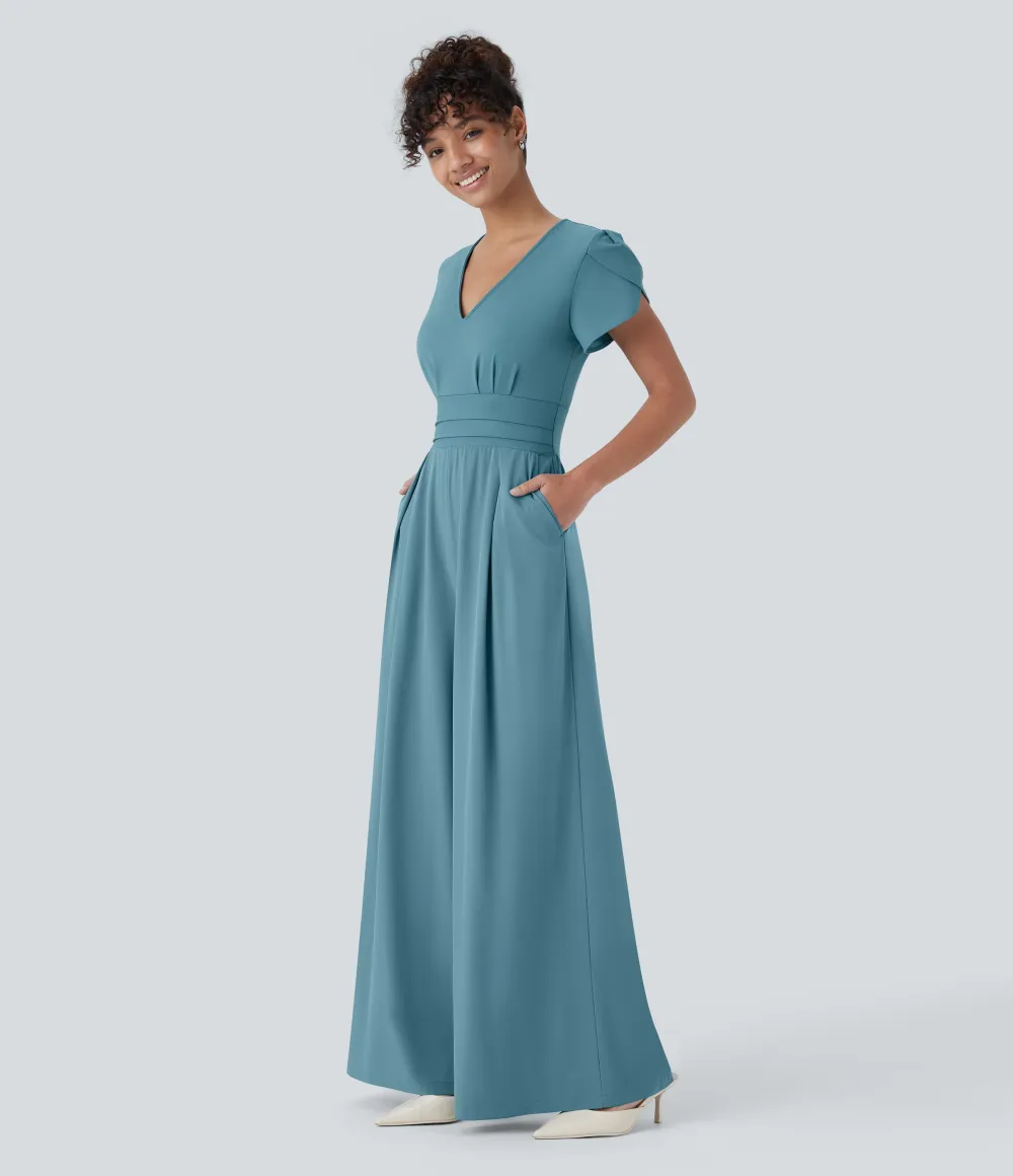 Breezeful V Neck Petal Sleeve Pocket Wide Leg Flowy Quick Dry Work Jumpsuit