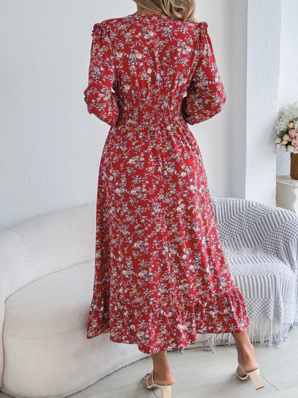 Clean Line Floral V Neck Ruffle Dress