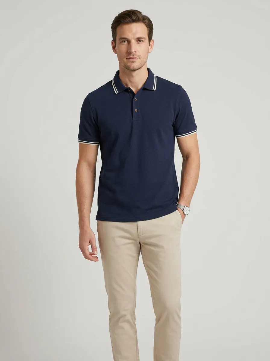 Men's Navy Blue Tipped Collar Textured Polo Shirt