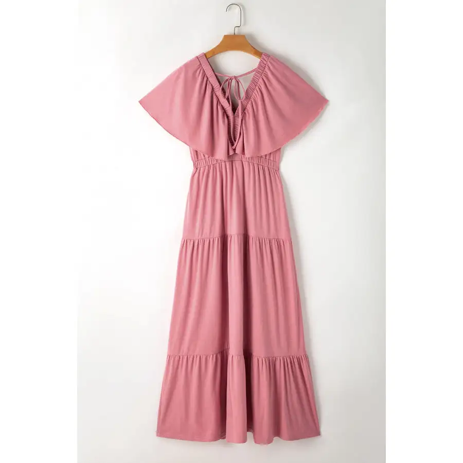 Ruffled V Neck Flutter Sleeve Maxi Dress