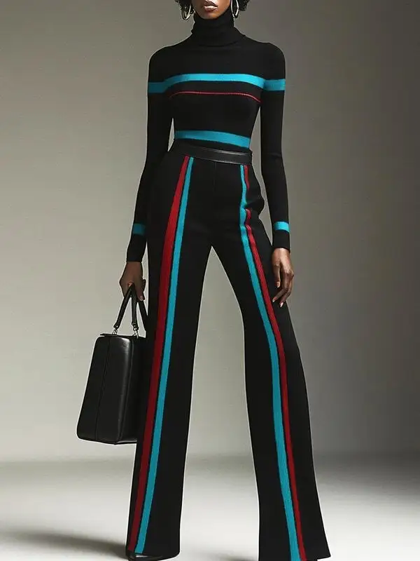 Striped High Neck Long Sleeve Pullover Sweater