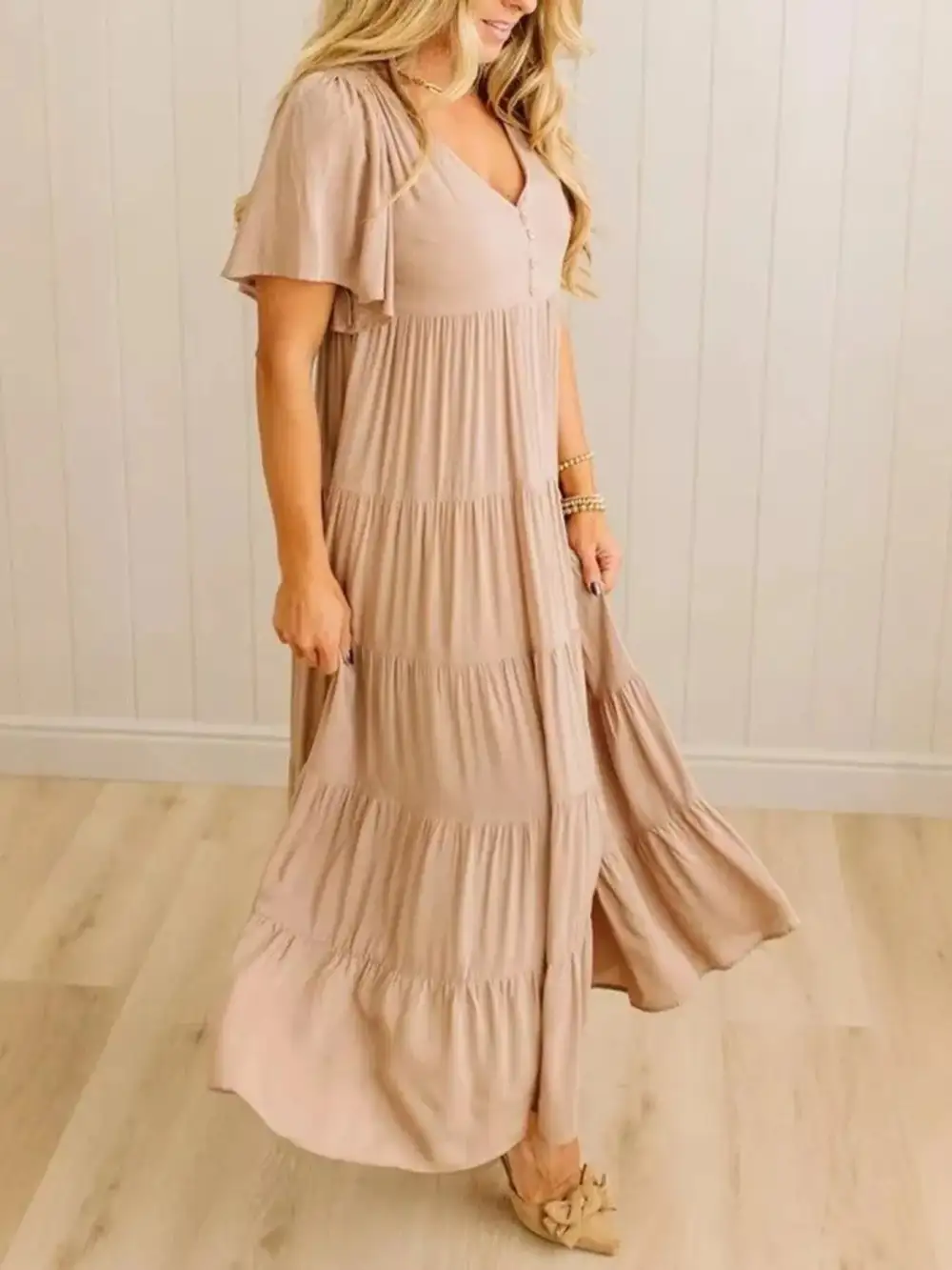 V Neck Tiered Midi Dress