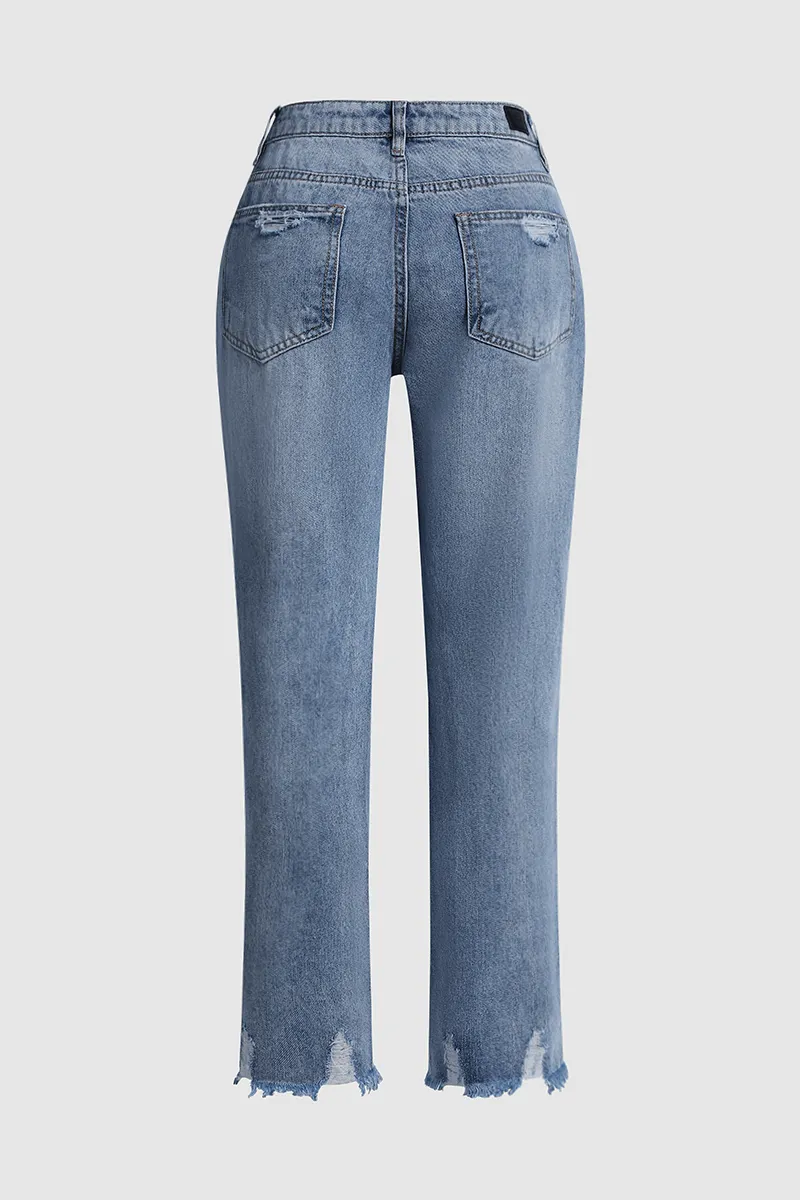 Distressed Raw Hem Straight Leg Jeans