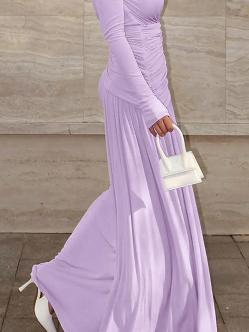Layered Detail Ruched Long Sleeve Maxi Dress