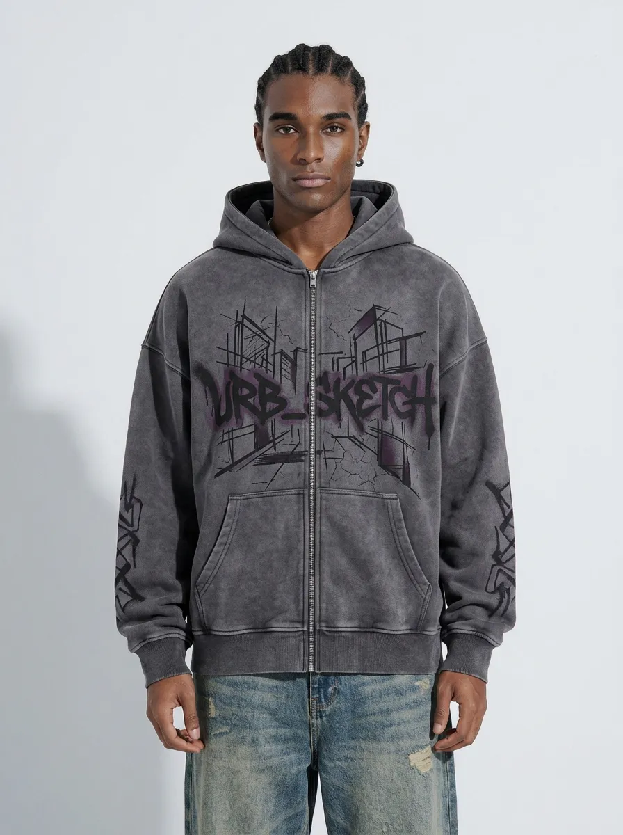 Unisex Streetwear Urb-Sketch Graffiti Printed Zip-up Hoodie