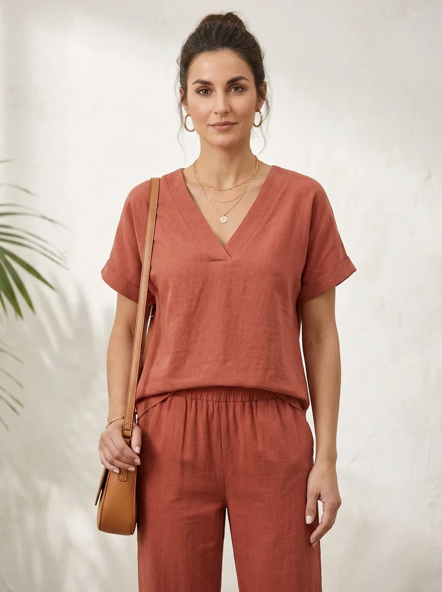 Short-Sleeve Cuffed-Sleeve Women's V-Neck Shirt