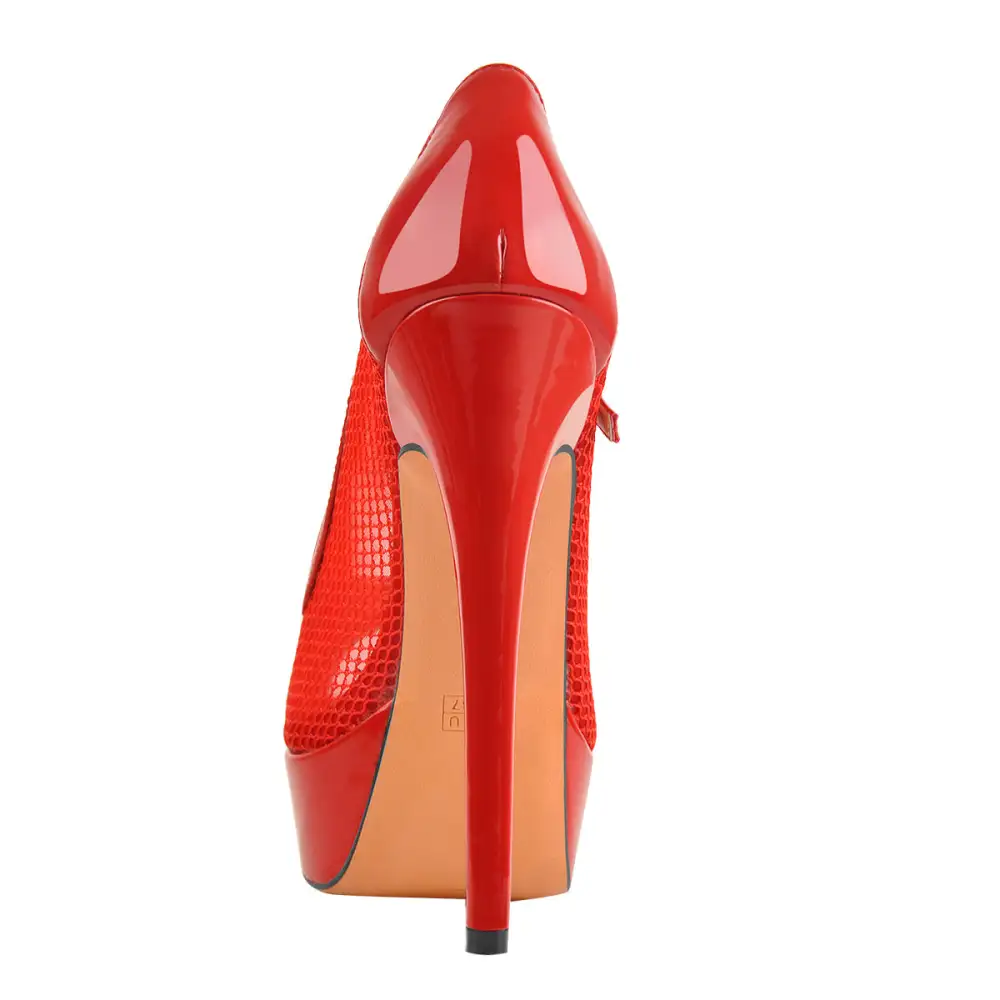 Mesh Detail Peep Toe Platform Stiletto Buckle Strap Pumps