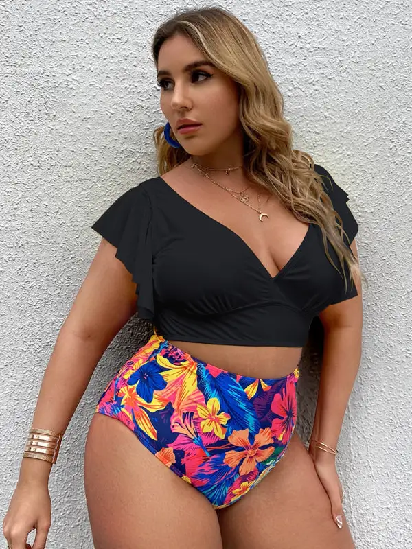Plus Size Falbala V Neck Bikini Swim Set