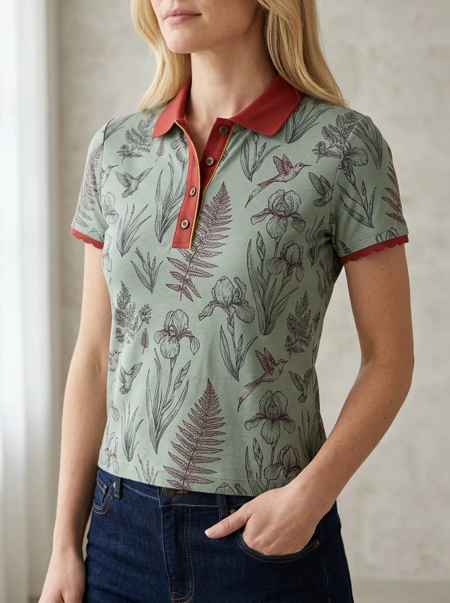 Women's Nature Lover Hummingbird Iris Fern Printed Polo Shirt