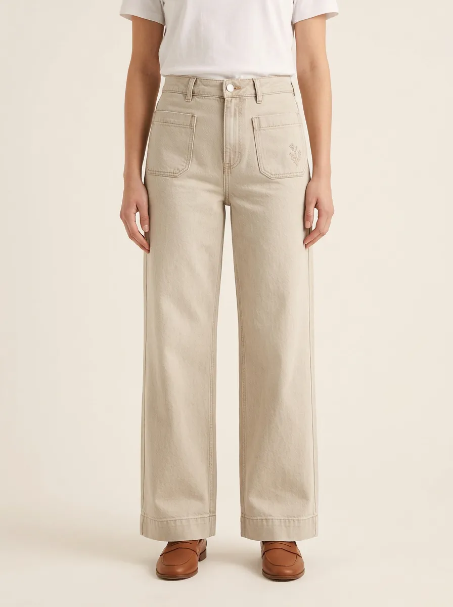 Women's Tonal-Embroidered Patch-Pocket Wide-Leg Trousers
