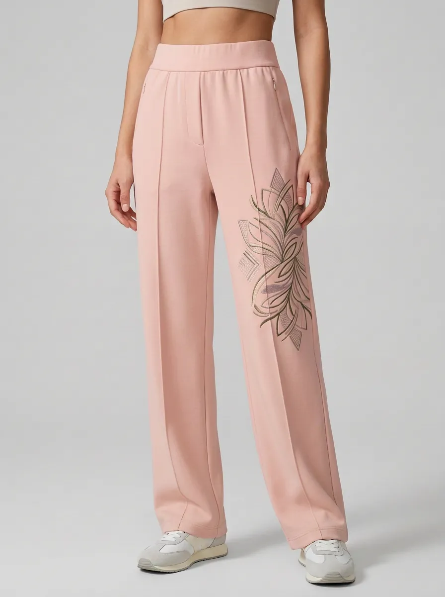 Women's Beige Embroidered Wide-Leg Trousers Sweatpants