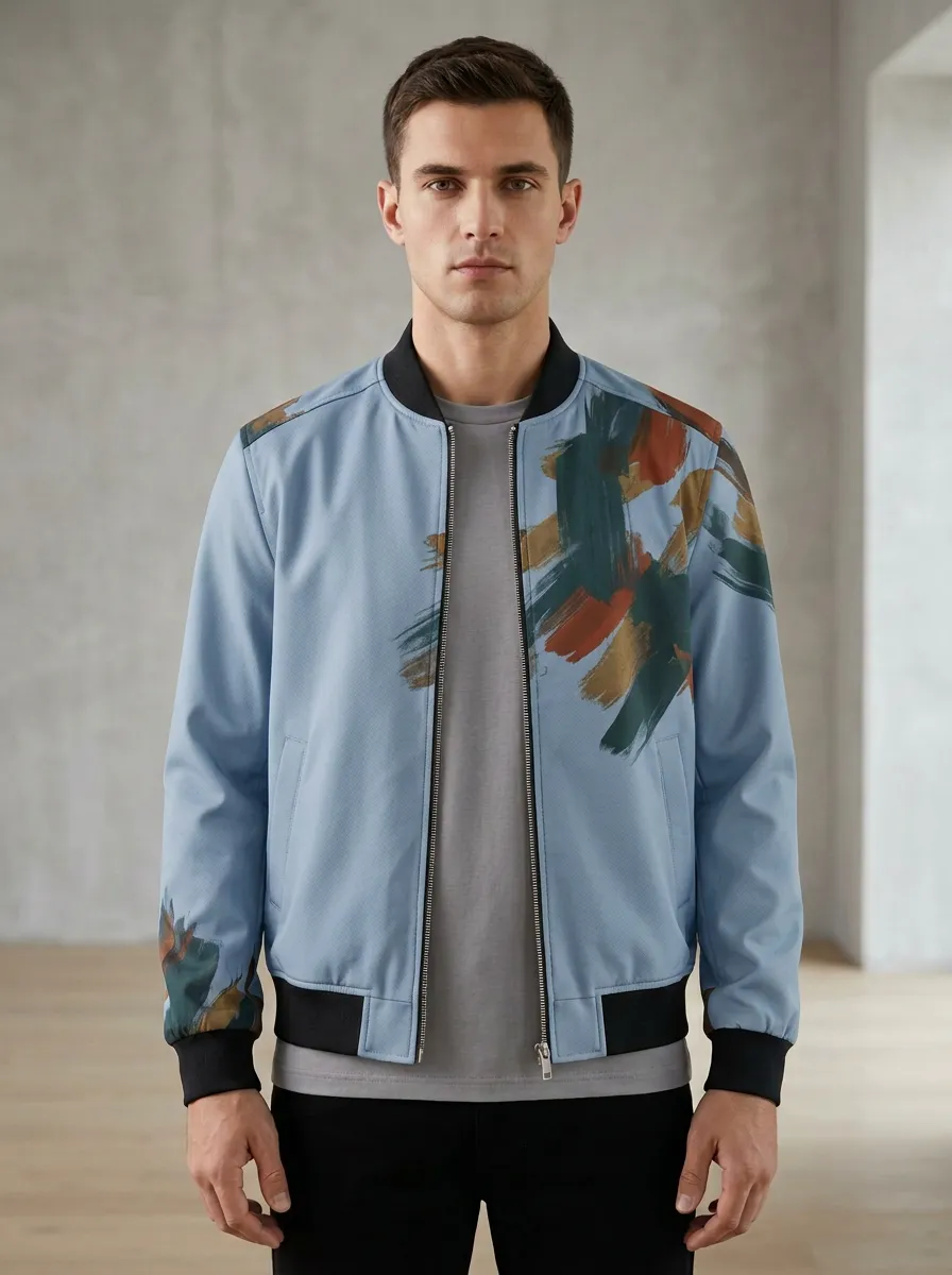 Brushstroke Print Sleeve Detail Bomber Jacket