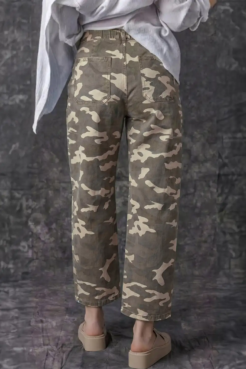 Women's Leopard Print Barrel Jeans With Drawstring Elastic Waist