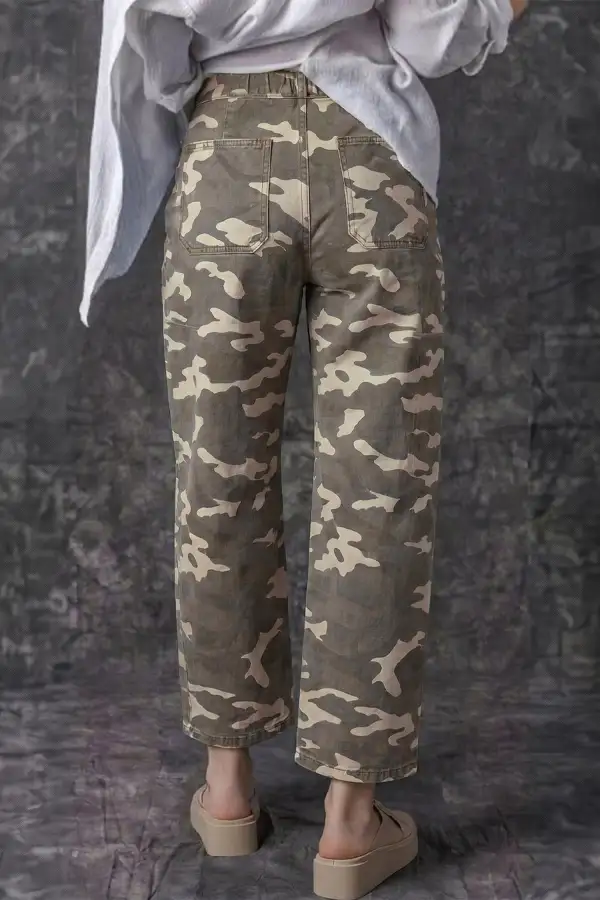Women's Leopard Print Barrel Jeans With Drawstring Elastic Waist