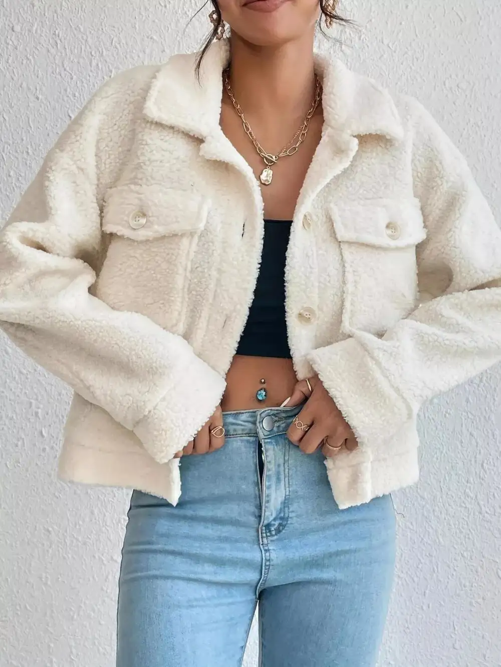 Full Size Cozy Faux Shearling Button-up Jacket Plus Size