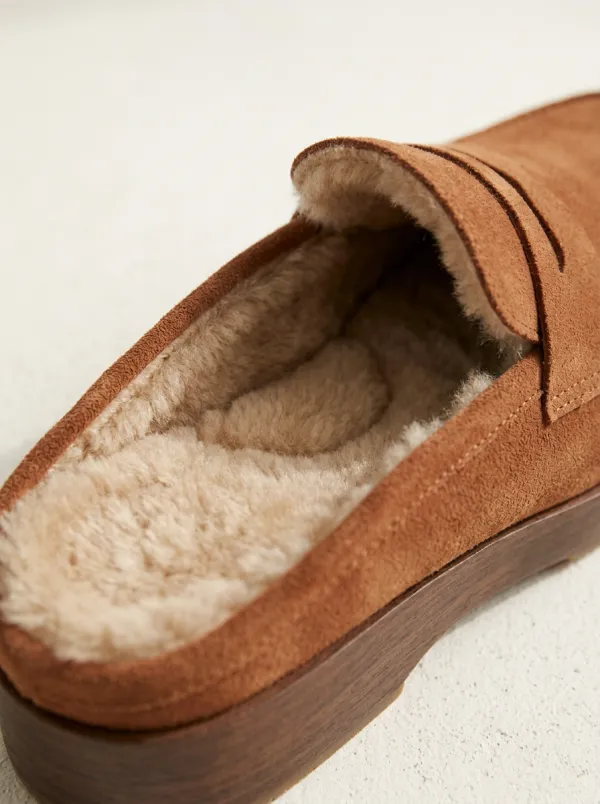 Women's Faux Fur Lined Platform Casual Suede Wood Sole Loafers