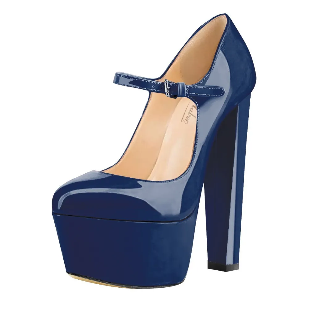 Modern Patent Finish Round Toe Platform Chunky Heel Ankle Strap Pumps