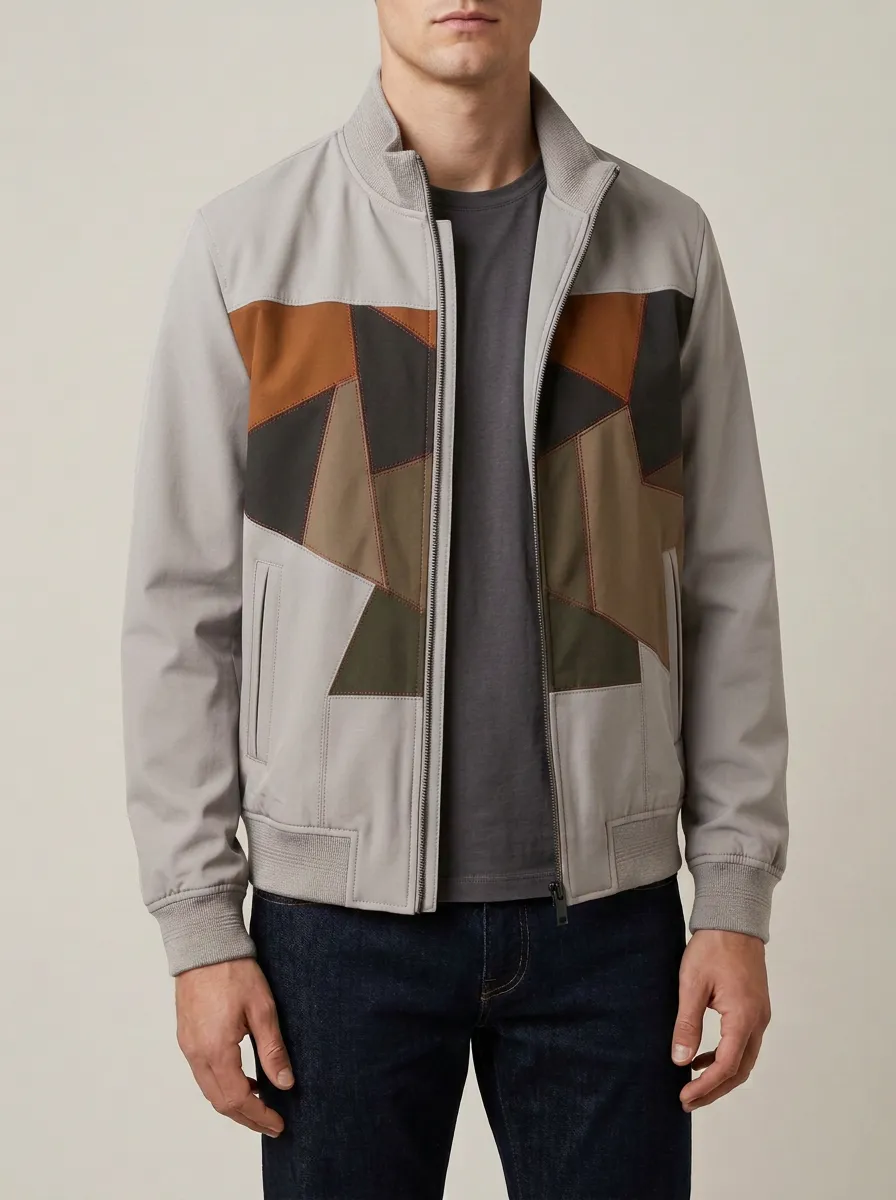 Men's Geometric Colorblock Patchwork Printed Bomber Jacket