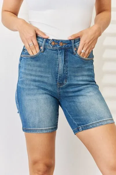 Full Size Tummy Control Double Button Denim Shorts
