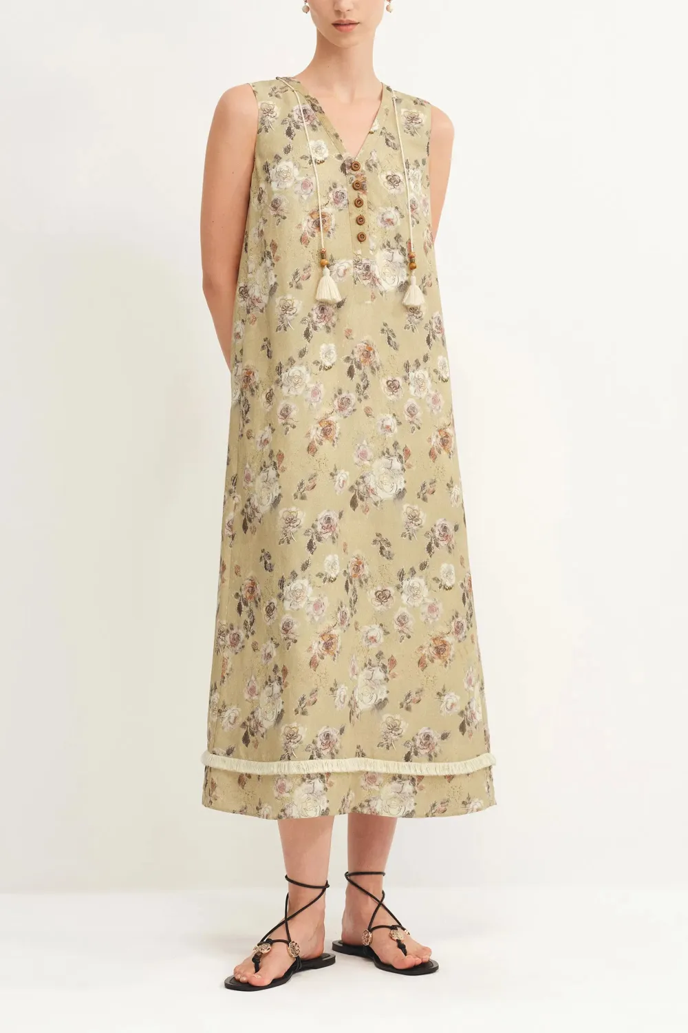V-Neck Printed Floral Linen Midi Dress