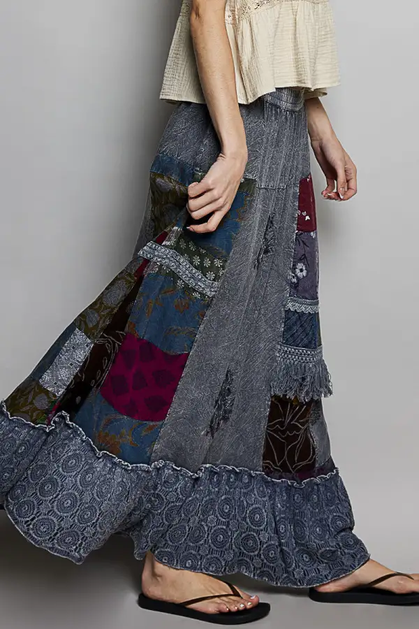 Flowing Printed Patchwork Embroidered Ruffled Skirt Maxi