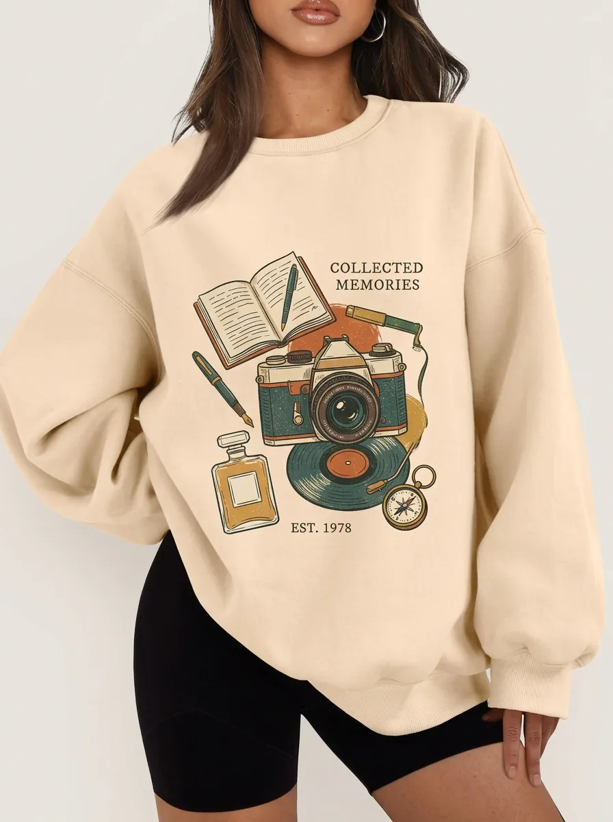 Women's Vintage Hobbyist Collected Memories Camera Vinyl Printed Sweatshirt
