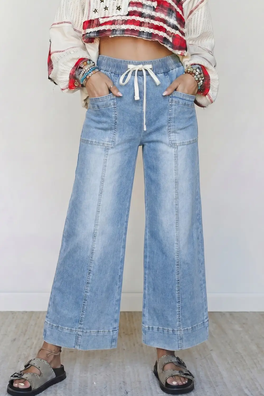 Drawstring Wide Leg Cropped Pocketed Casual Jeans