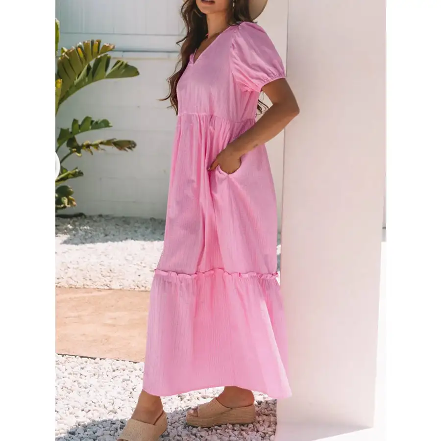 Striped Puff Sleeve V Neck Maxi Dress