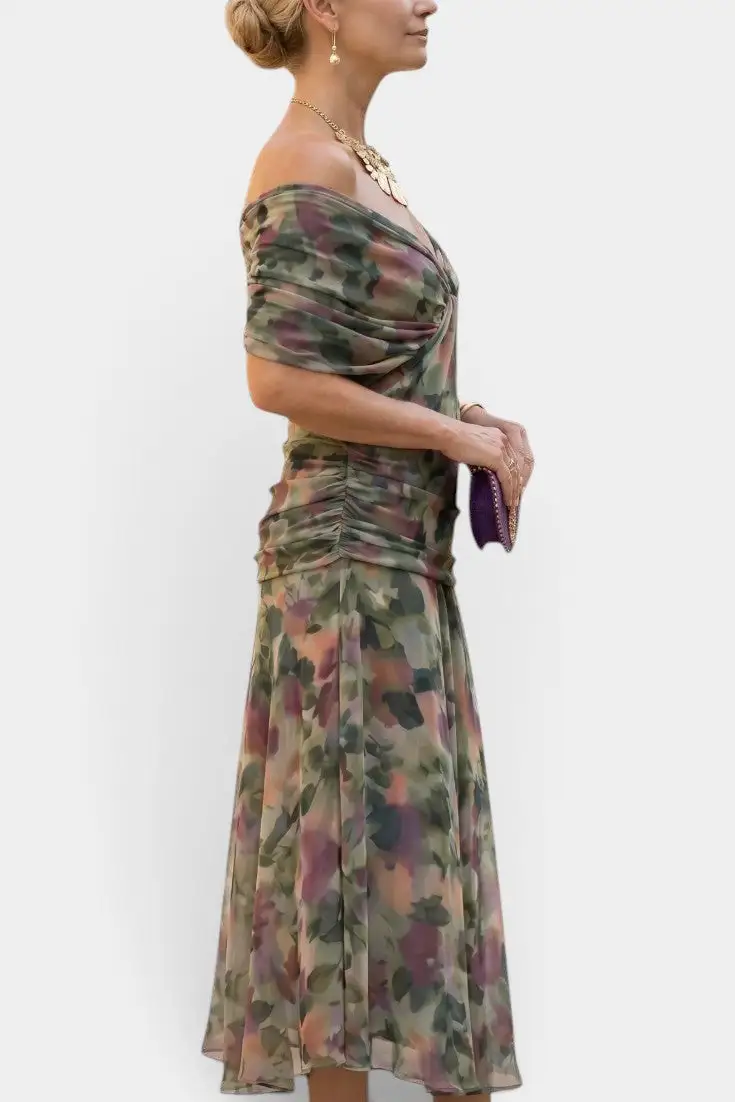 Off-Shoulder Watercolor-Print Maxi Dress