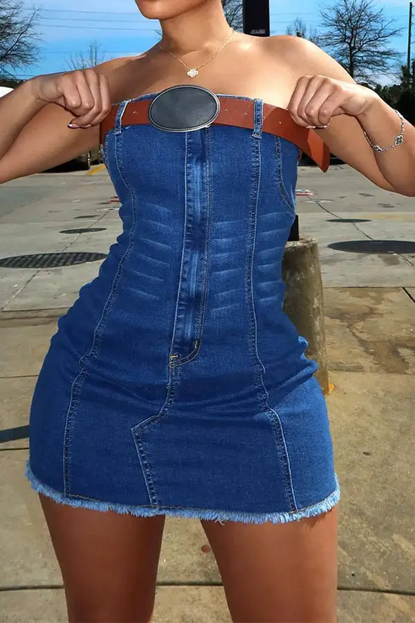 Blue Washed Denim Strapless Bodycon Mini Dress
