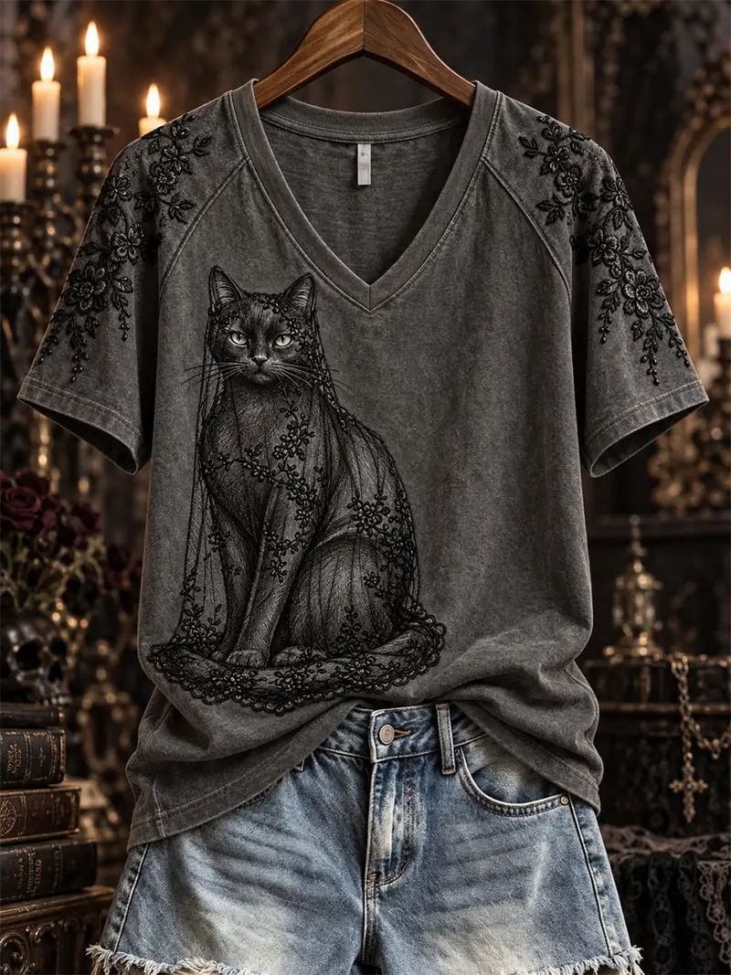 Women'S Halloween Gothic Style Black Cat Art Printed Casual T-Shirt
