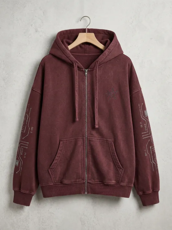 Unisex Streetwear Star Circuit Printed Zip-up Hoodie