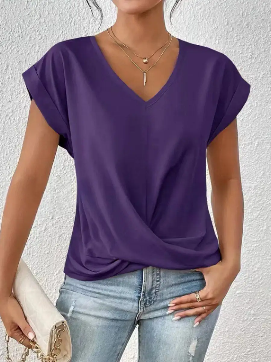 Relaxed Curve Fit Pleat Detail V-Neck Polyester T-Shirt