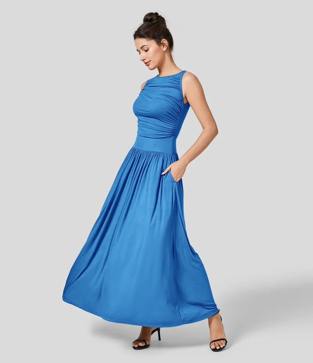 Ribbed Boat Neck Ruched Side Pocket Flowy Maxi Casual Dress