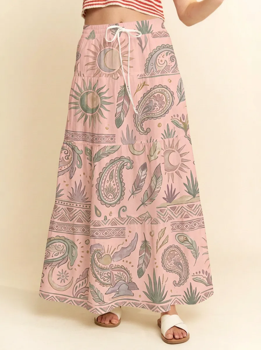 Women's Celestial Boho Paisley Feather Graphic Maxi Skirt